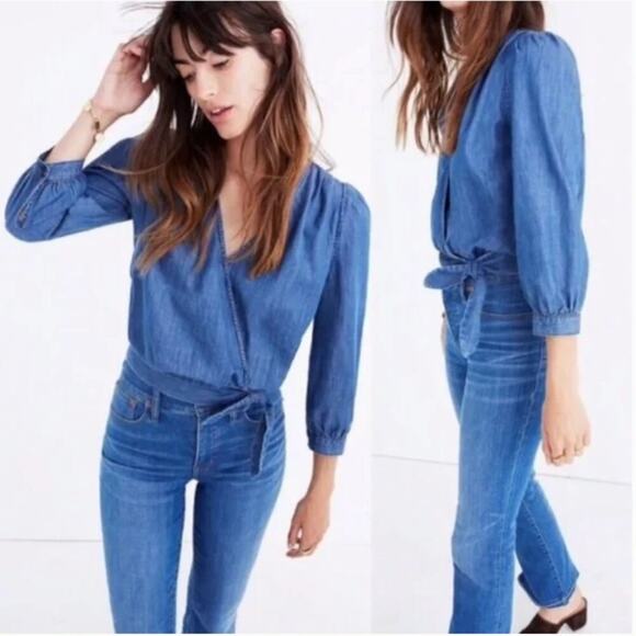 Madewell Chambray Denim Wrap Top Blouse - Picture 2 of 5